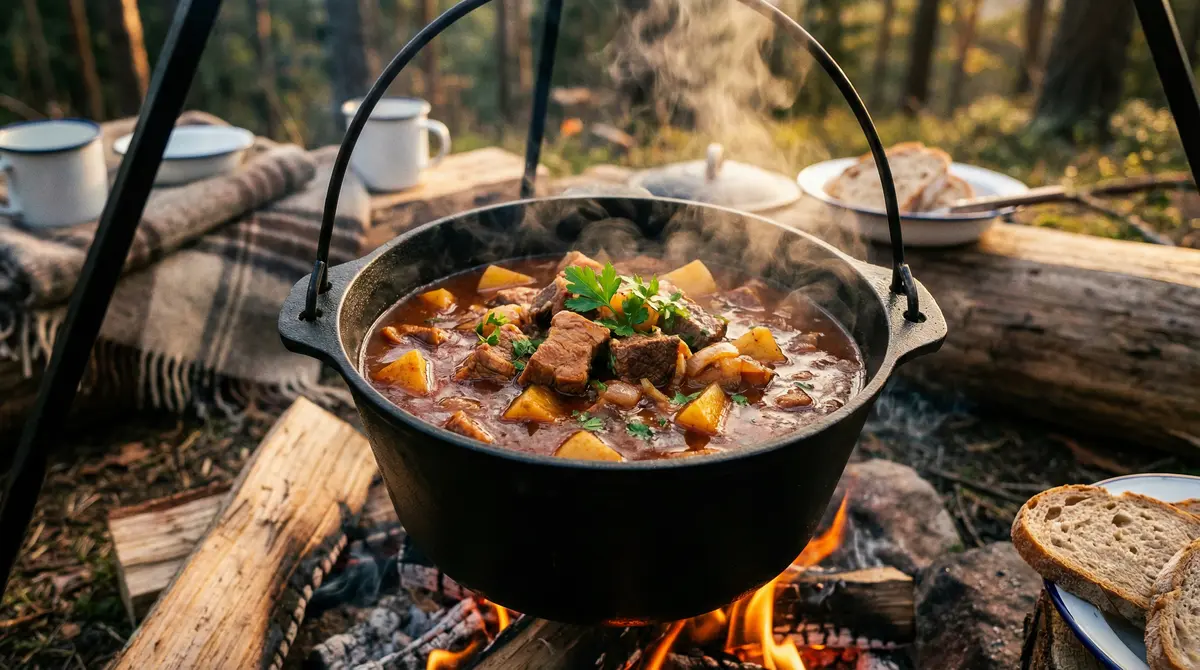 Kotlíkový guláš - autentický recept na ohni s vepřovým a hovězím masem