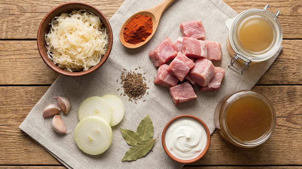 Ingredience na segedínský guláš - vepřové maso, kysané zelí, paprika, cibule