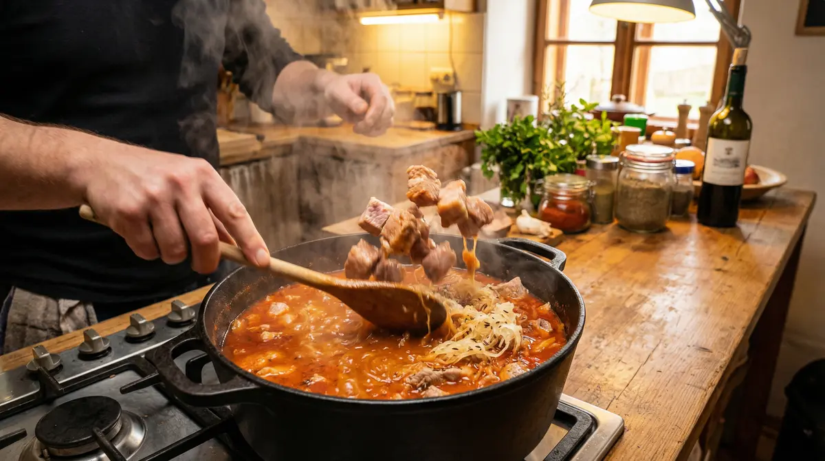 Příprava segedínského guláše v litinovém hrnci