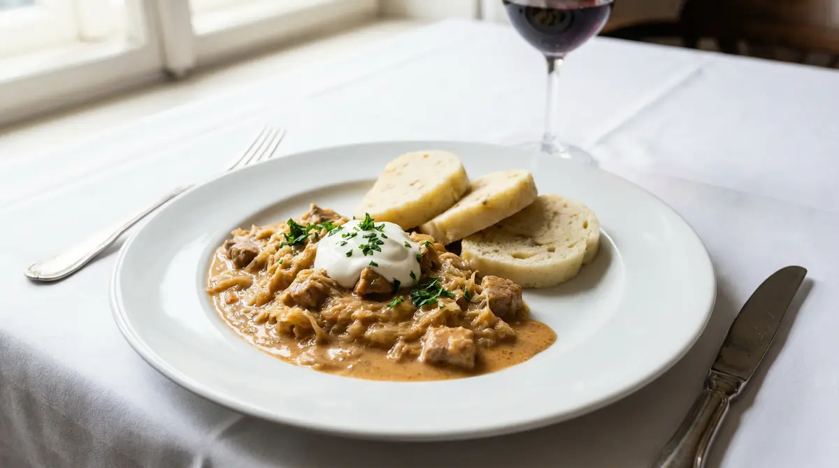 Elegantně naservírovaný segedínský guláš s knedlíky