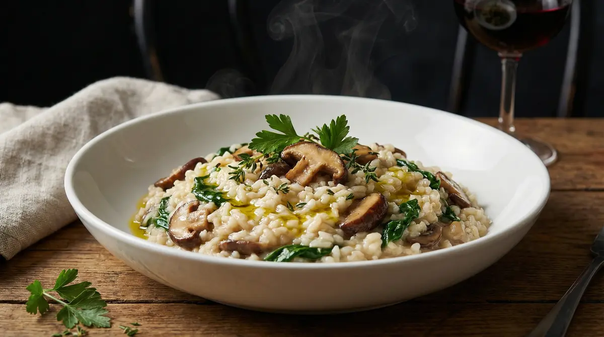 Krémové veganské rizoto s houbami a špenátem